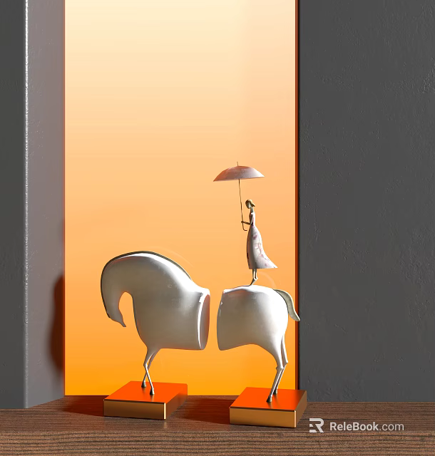 Decorative Ornaments Set With Silver Horse Figure And Umbrella Holding Statue On Orange Background 3d model 