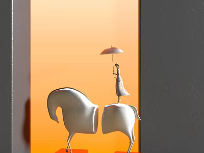Decorative Ornaments Set With Silver Horse Figure And Umbrella Holding Statue On Orange Background 3d model