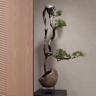 Twisted Branch Bonsai Tree with Green Foliage in Ceramic Pot against Wooden and Gray Wall 3d model