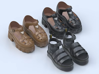 Stylish Black And Brown Platform Sandals With Strappy Design For Women 3d model