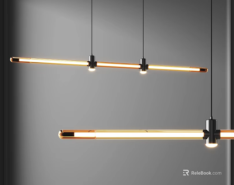 Sleek Modern Linear Pendant Lights With Metallic Black And Gold Illuminated Design 3d model 