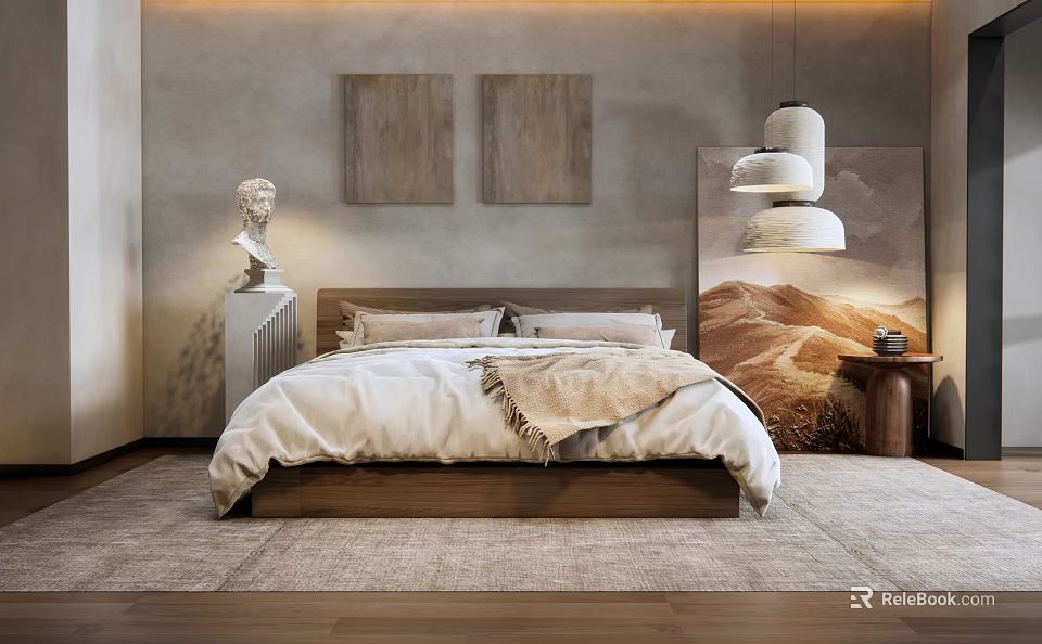 Modern Double Bed with White Bedding Wooden Frame Gray Wall Hanging Paintings and Pendant Light 3d model 