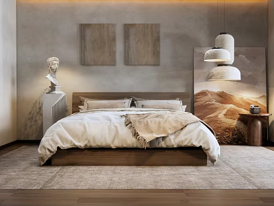 Modern Double Bed with White Bedding Wooden Frame Gray Wall Hanging Paintings and Pendant Light 3d model