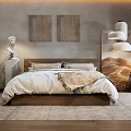 Modern Double Bed with White Bedding Wooden Frame Gray Wall Hanging Paintings and Pendant Light