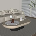 Modern Minimalist Oval Coffee Table With Marble Top Gray Base And Beige Sofa Blinds Plant