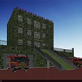 Green Camouflage Fire Station Building With Red Fire Trucks Parked Firefighters And Trees