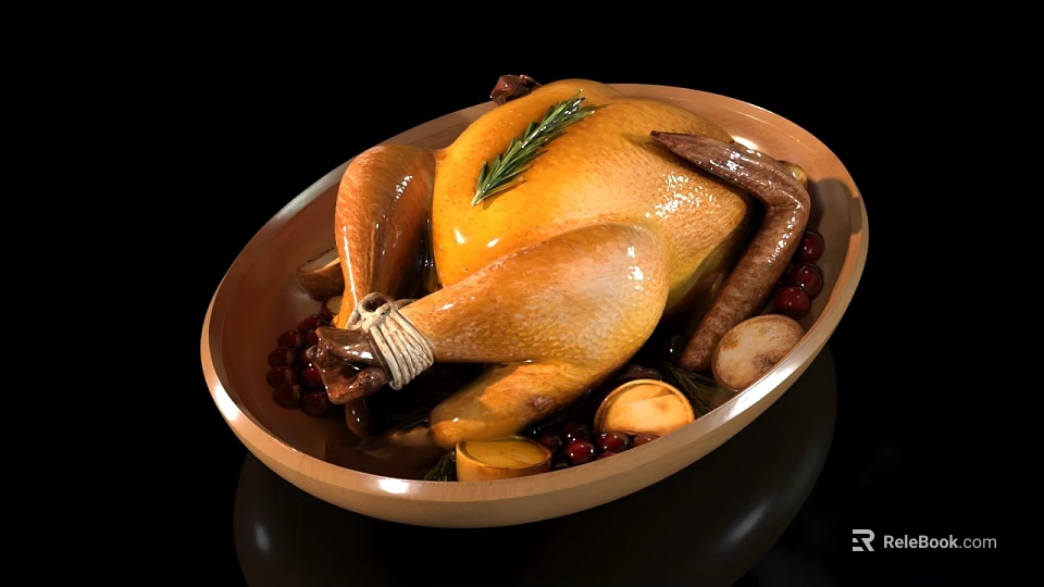 Golden Roasted Turkey with Rosemary Cranberries and Mushrooms on Wooden Platter 3d model 