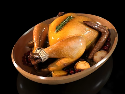 Golden Roasted Turkey with Rosemary Cranberries and Mushrooms on Wooden Platter 3d model