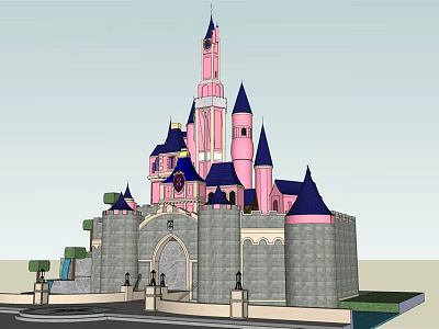 Historic Castle Featuring Pink Structure Blue Spires Gray Stone Walls Arched Entrance And Fountains 3d model