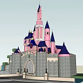 Historic Castle Featuring Pink Structure Blue Spires Gray Stone Walls Arched Entrance And Fountains