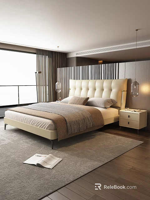 Elegant Modern Double Bed With Tufted Headboard Nightstand Table Lamp And Window Curtains 3d model 