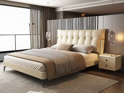 Elegant Modern Double Bed With Tufted Headboard Nightstand Table Lamp And Window Curtains 3d model