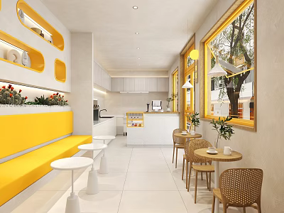 Milk Tea Shop Interior With Yellow Bench White Round Tables And Wooden Chairs 3d model