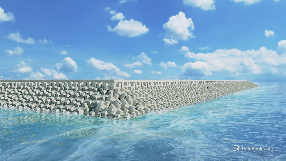 Rock Seawall Extending Along Calm Ocean Under Blue Sky With White Clouds 3d model 