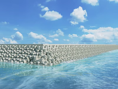 Rock Seawall Extending Along Calm Ocean Under Blue Sky With White Clouds 3d model