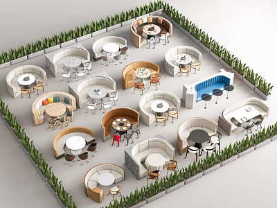 Outdoor Public Chairs With Various Designs Shapes And Green Plants In Seating Area 3d model