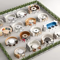 Outdoor Public Chairs With Various Designs Shapes And Green Plants In Seating Area