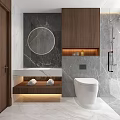 Luxury Modern Dark Marble Bathroom Interior With Freestanding Bathtub Double Sink Vanities And Warm Lighting