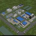 Aerial View Of Modern Industrial Plant With Multiple Blue Roofs And Green Surroundings