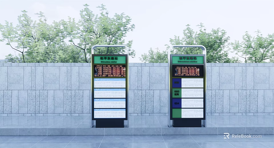 Public Facility Bus Stop Signs With Green White Display Screens And Text Information 3d model 