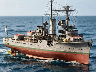 Vintage Warship Sailing On Blue Ocean With White Green Red Hull And Tall Masts 3d model