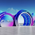 Modern Exhibition Installation With Colorful Circular Arches Blue Purple Gradient And Logo Elements