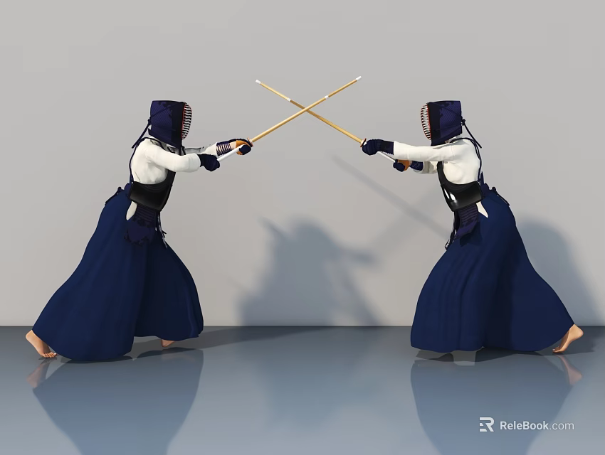 Sculpture Carving of Kendo Figures in Dueling Pose With Bamboo Swords and Protective Gear 3d model 