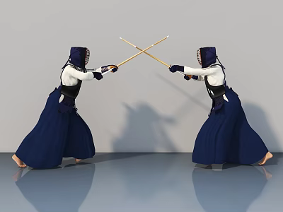 Sculpture Carving of Kendo Figures in Dueling Pose With Bamboo Swords and Protective Gear 3d model