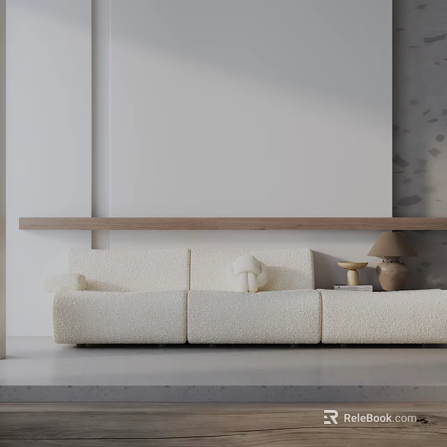 Fluffy Cream Colored Three Seater Sofa in Modern Minimalist Room with Wooden Shelf Table Lamp 3d model 