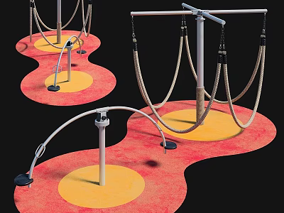 Outdoor Playground With Rope Swings Circular Platforms Red Flooring And Metal Poles 3d model