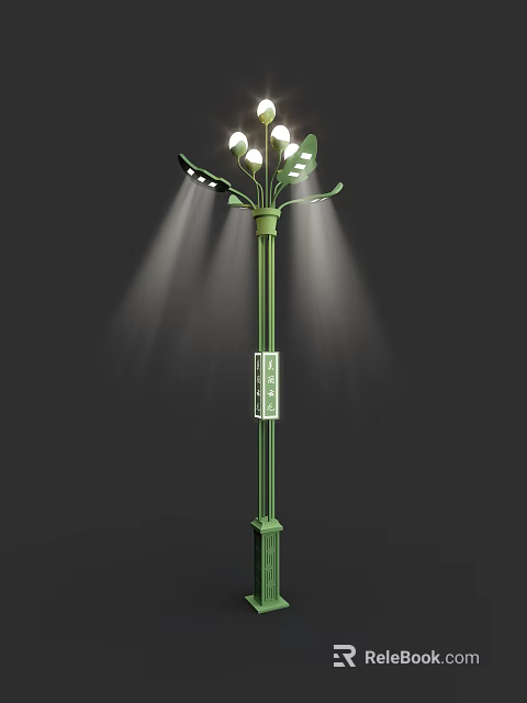 Green Multi Head Outdoor Light Pole With Illuminated Sign And Bright Lighting 3d model 