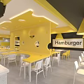 Modern Fast Food Restaurant Interior With Yellow Counter Menu Screens And Burger Drink Logo