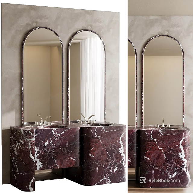 Elegant Double Marble Washbasin With Arched Mirrors In Modern Bathroom 3d model 