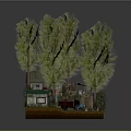 Cartoon Scene With Green Trees Small House Red And Blue Cars And Stairs