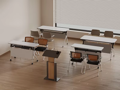 Modern Meeting Room Setup With Movable Tables Chairs Wooden Podium And Blinds 3d model