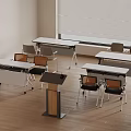 Modern Meeting Room Setup With Movable Tables Chairs Wooden Podium And Blinds