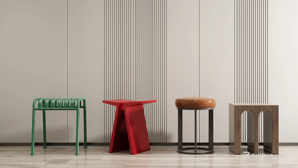 Modern Stools in Various Colors and Designs Against Striped Wall and Wooden Floor 3d model 
