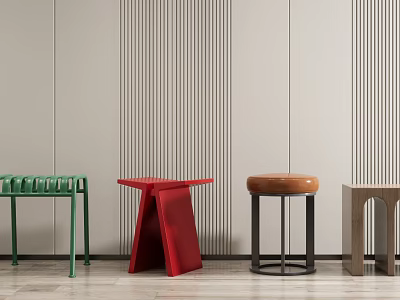 Modern Stools in Various Colors and Designs Against Striped Wall and Wooden Floor 3d model