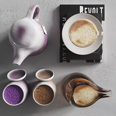 Fresh Beverage Preparation Set With Teapot Coffee Cup Purple Brown Powder And Layered Drink Pitcher 3d model