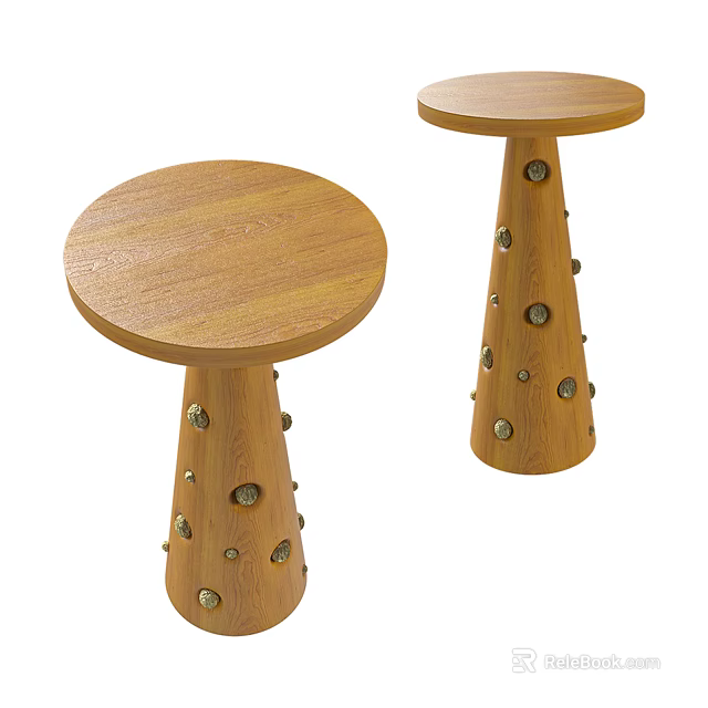 Two Wooden Side Tables With Round Tabletop And Decorative Knobs On Base 3d model