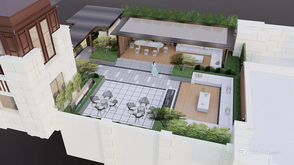 Rooftop Garden Design with Paved Patio Outdoor Seating and Lush Greenery 3d model 