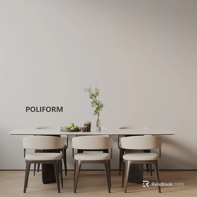 POLIFORM White Dining Table Set with Beige Chairs Green Plant and Fruits 3d model 