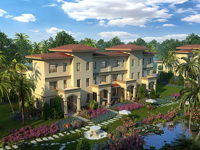 Elegant Beige Townhouse Exterior With Red Roof Palm Trees And Landscaped Garden Pond 3d model