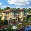 Elegant Beige Townhouse Exterior With Red Roof Palm Trees And Landscaped Garden Pond