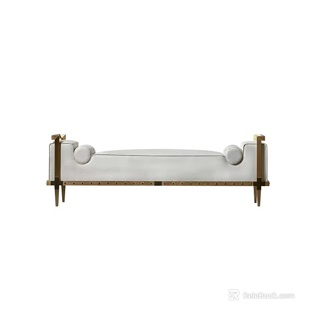 Elegant White Velvet Ottoman With Brass Legs And Decorative Round Knobs 3d model