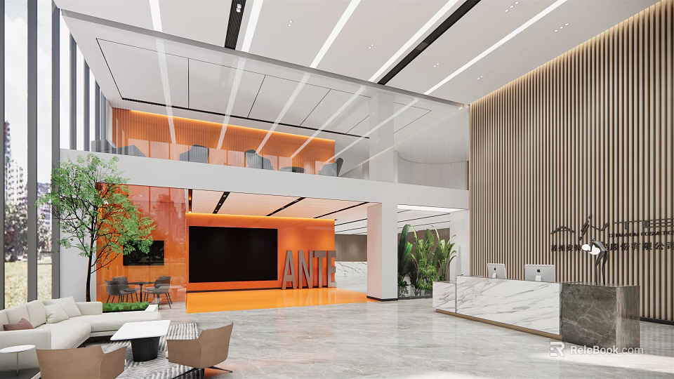 Modern Front Desk Reception Interior Design With Marble Counter Lounge Area And Green Plants 3d model 