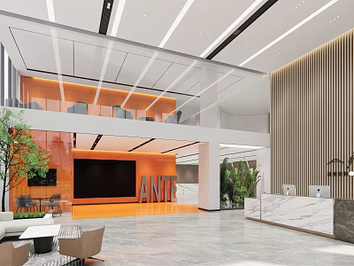 Modern Front Desk Reception Interior Design With Marble Counter Lounge Area And Green Plants 3d model