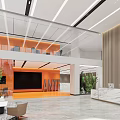 Modern Front Desk Reception Interior Design With Marble Counter Lounge Area And Green Plants