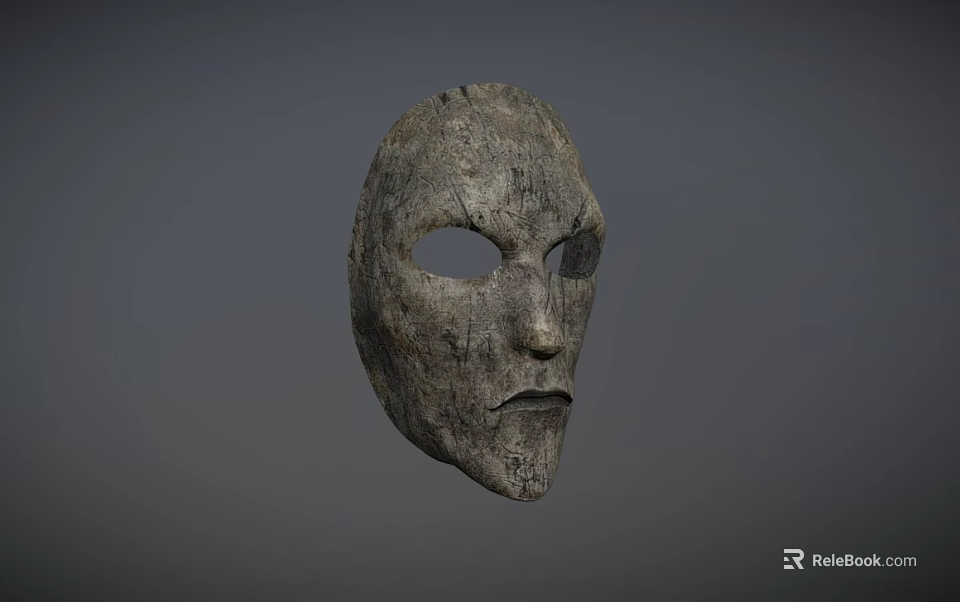 Ancient Handcrafted Stone Mask With Rough Texture Facial Features And Gray Background 3d model 