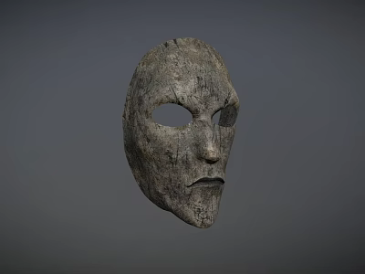 Ancient Handcrafted Stone Mask With Rough Texture Facial Features And Gray Background 3d model